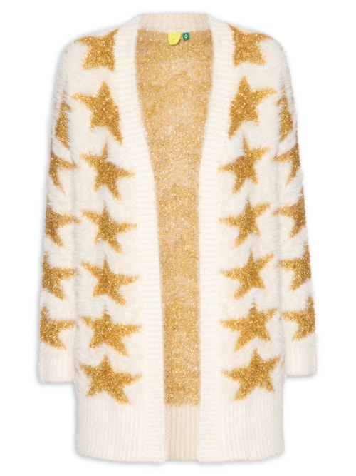 Cardigan Feminino Tricot Pelinho Estrelas - Branco