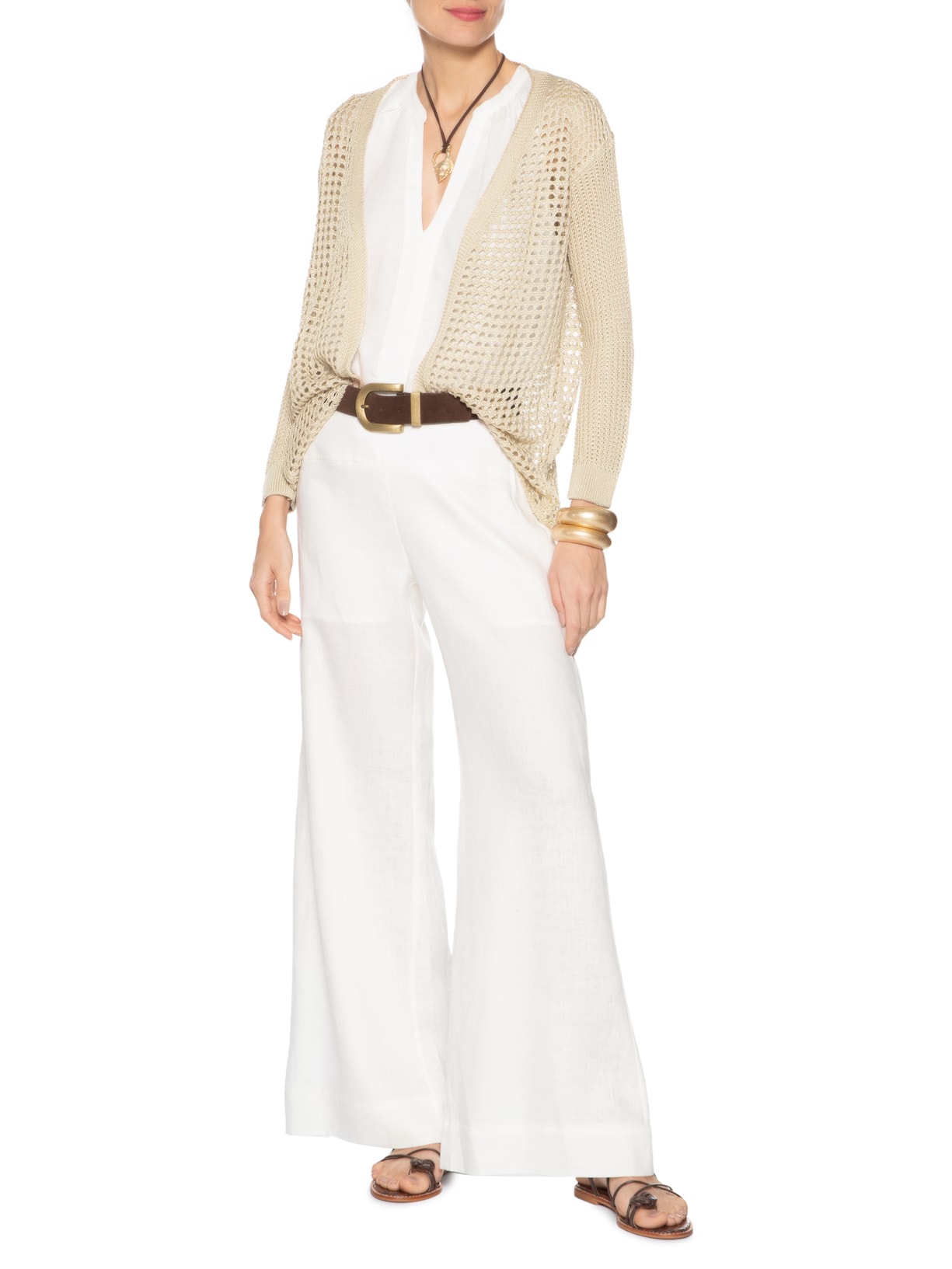 Cardigan Feminino Tricot Ponto Telado Bege Maria Filó