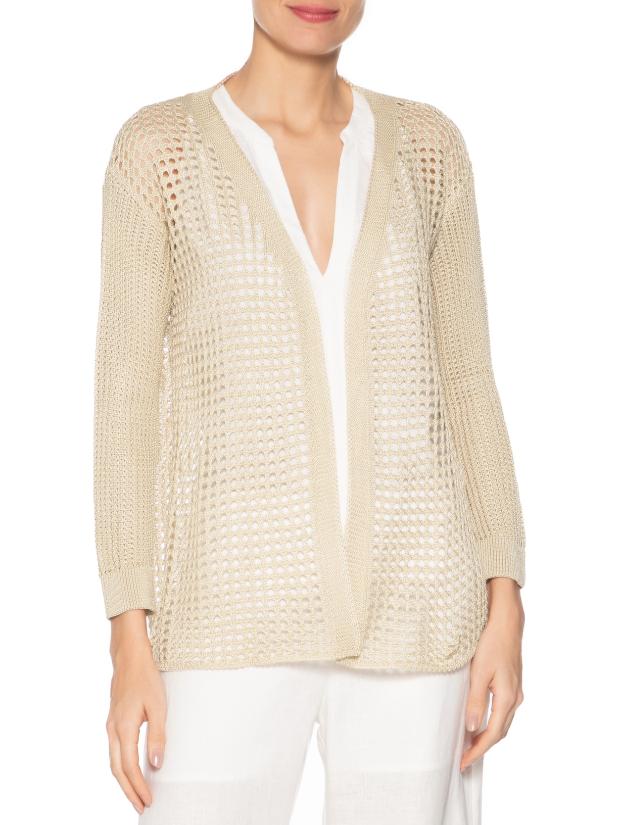 Cardigan Feminino Tricot Ponto Telado Bege Maria Filó