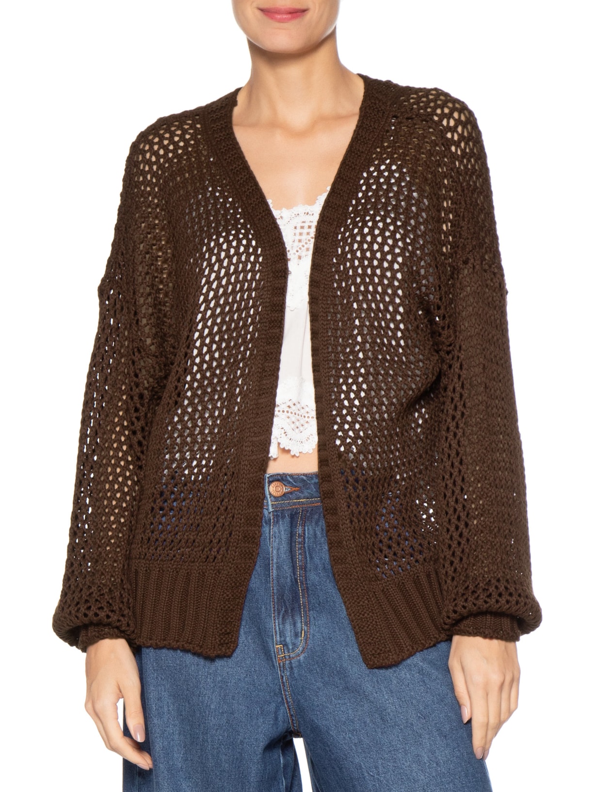 Cardigan Feminino Tricot Quadradinhos Marrom Dress To