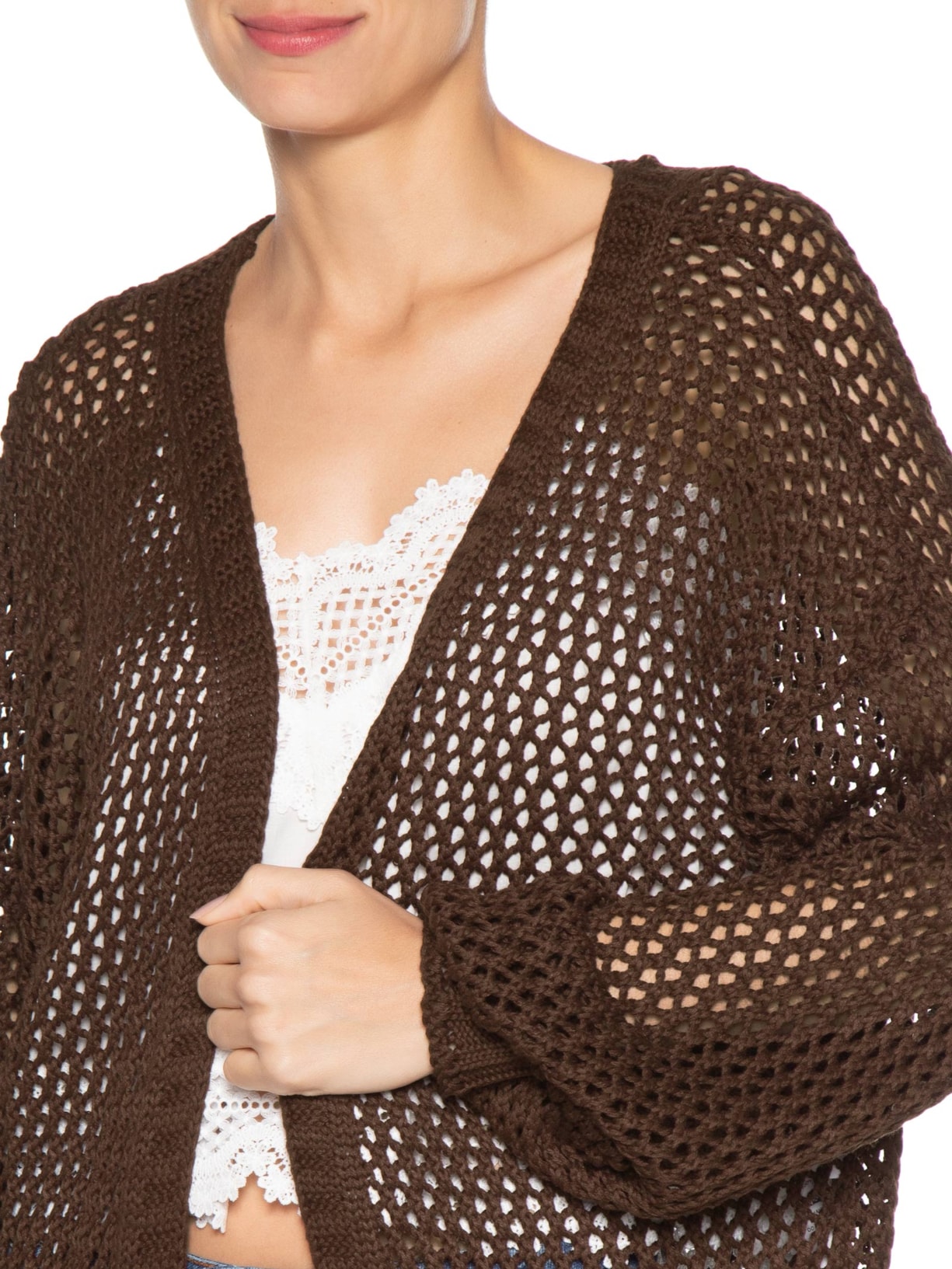 Cardigan Feminino Tricot Quadradinhos Marrom Dress To
