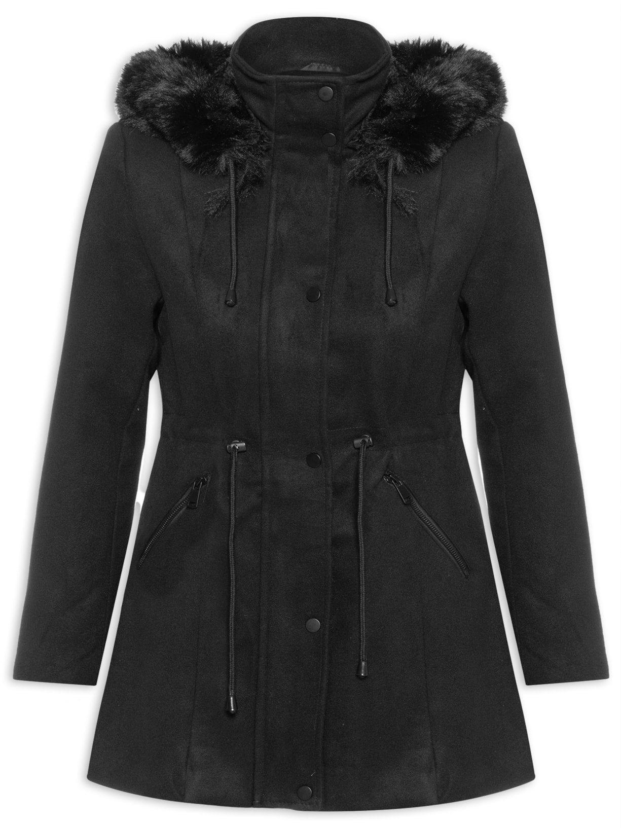 Casaco Feminino Acinturado Com Pelinho - Preto