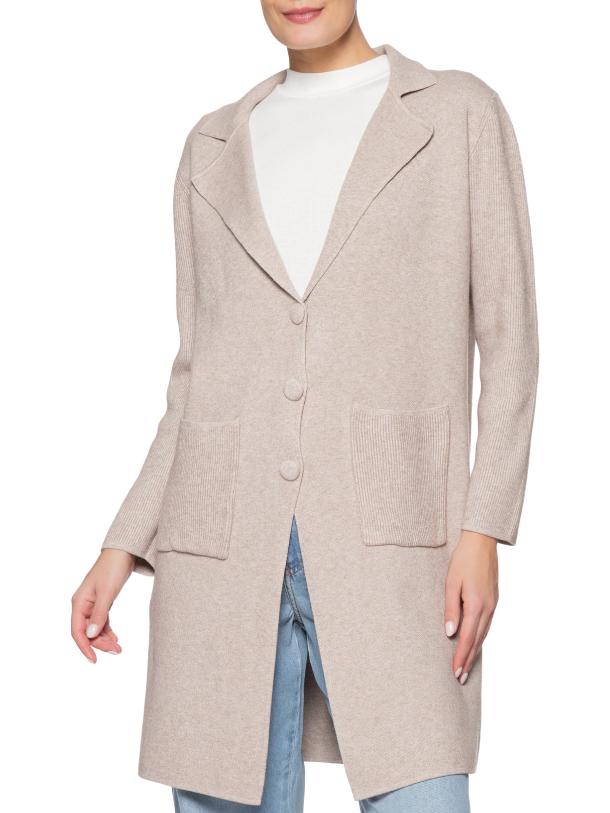 Casaco Feminino Alongado Com Bolsos Bege Basiq