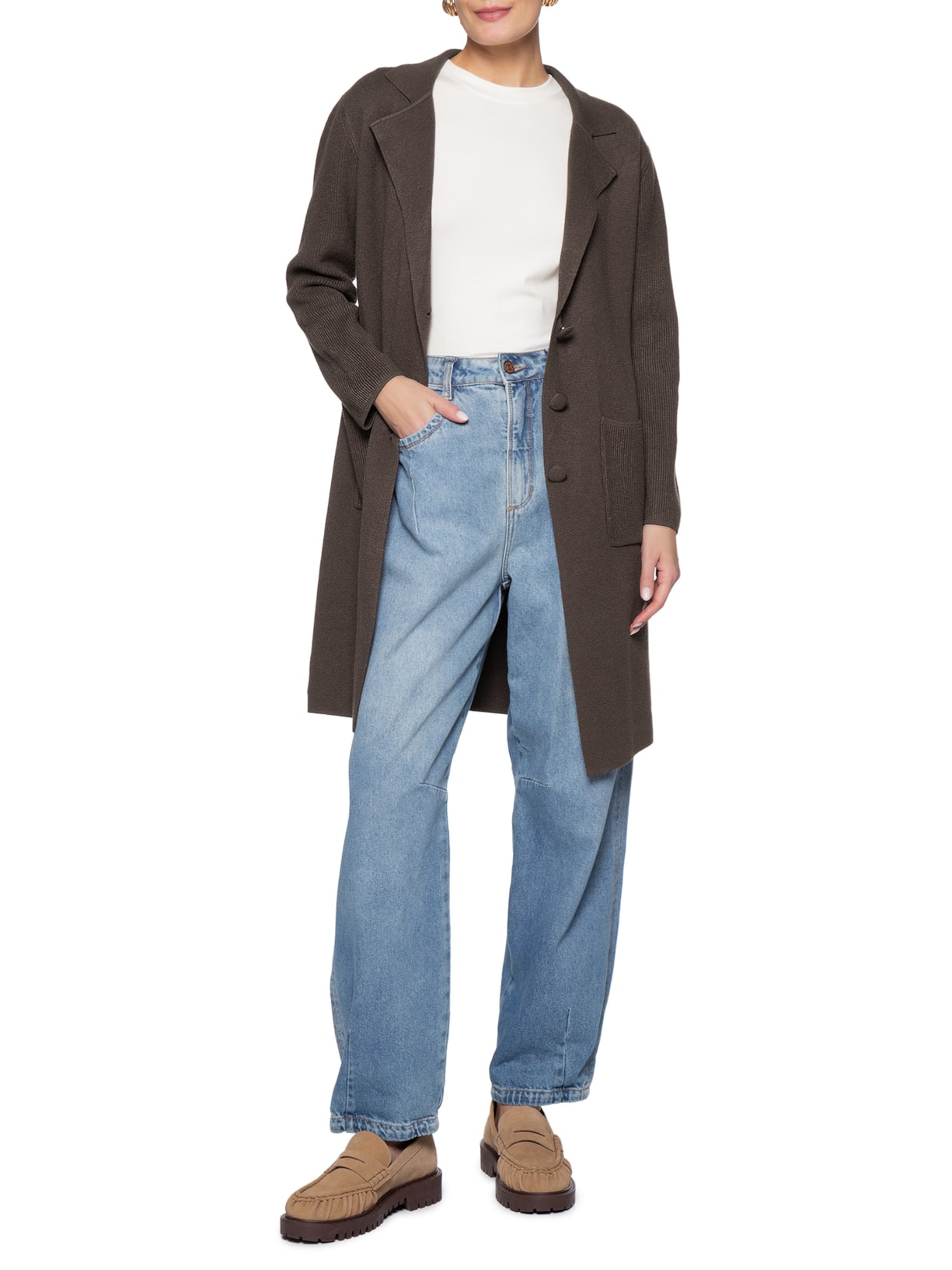 Casaco Feminino Alongado Com Bolsos Marrom Basiq