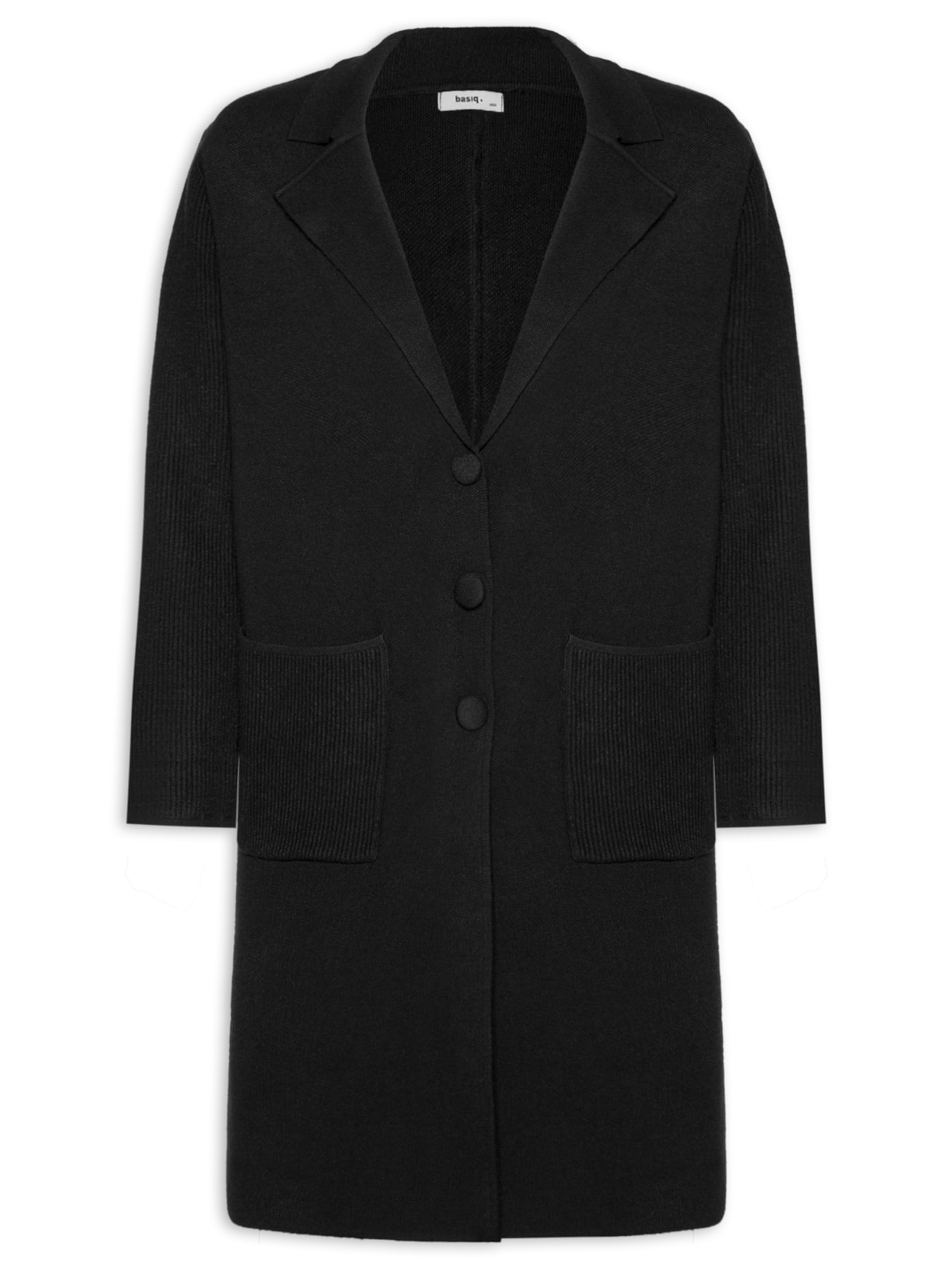 Casaco Feminino Alongado Com Bolsos Preto Basiq