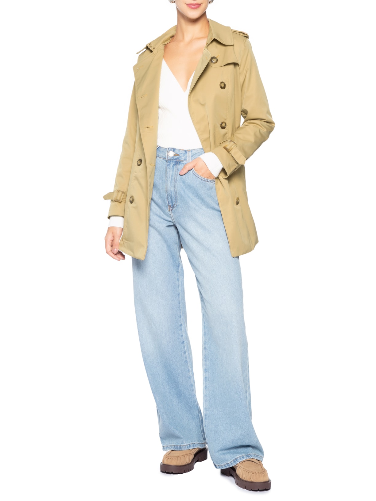 Casaco Feminino Alongado com Cinto Bege Basiq