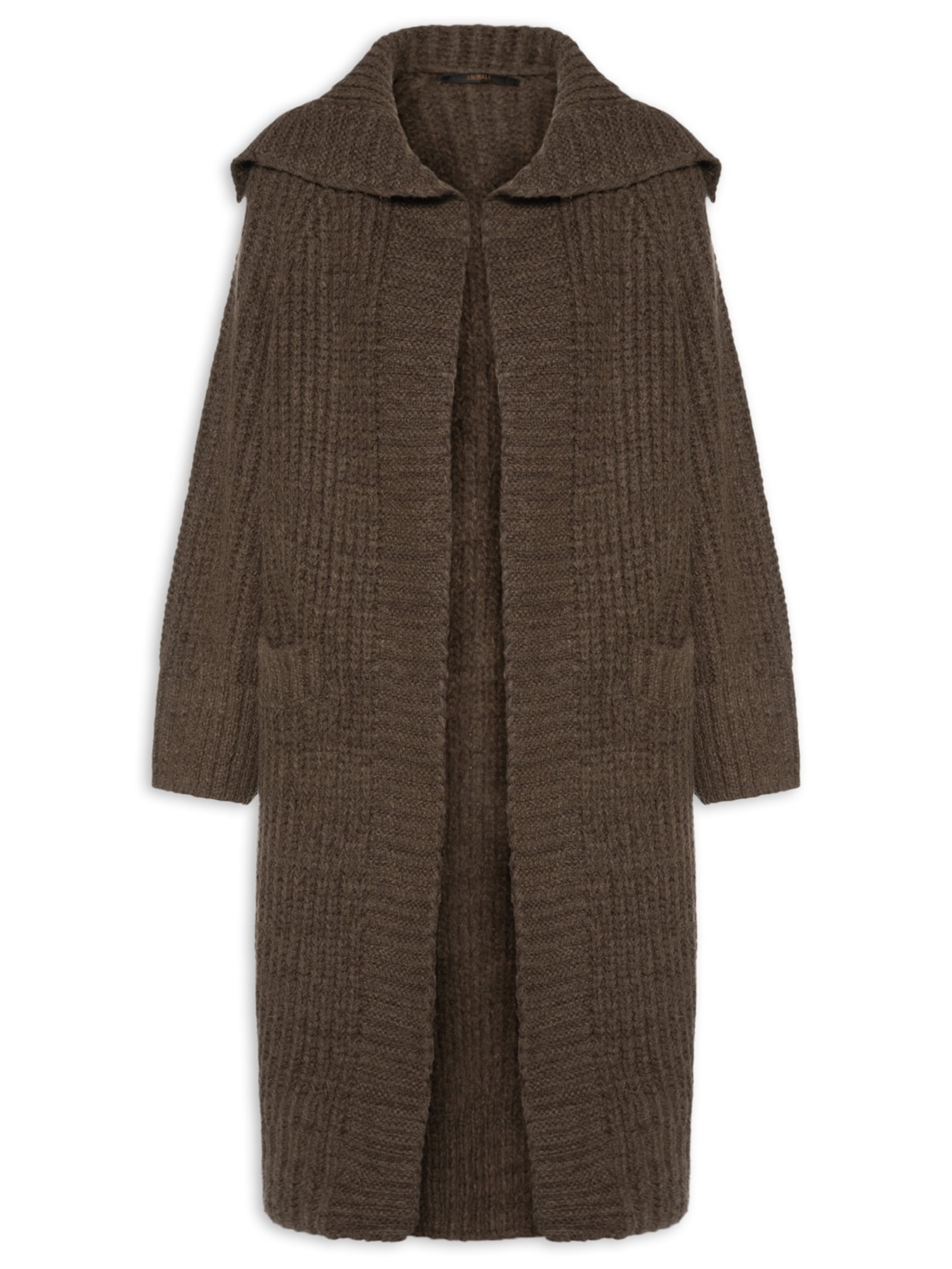Casaco Feminino Comprido De Tricot Maxi Gola Marrom Animale
