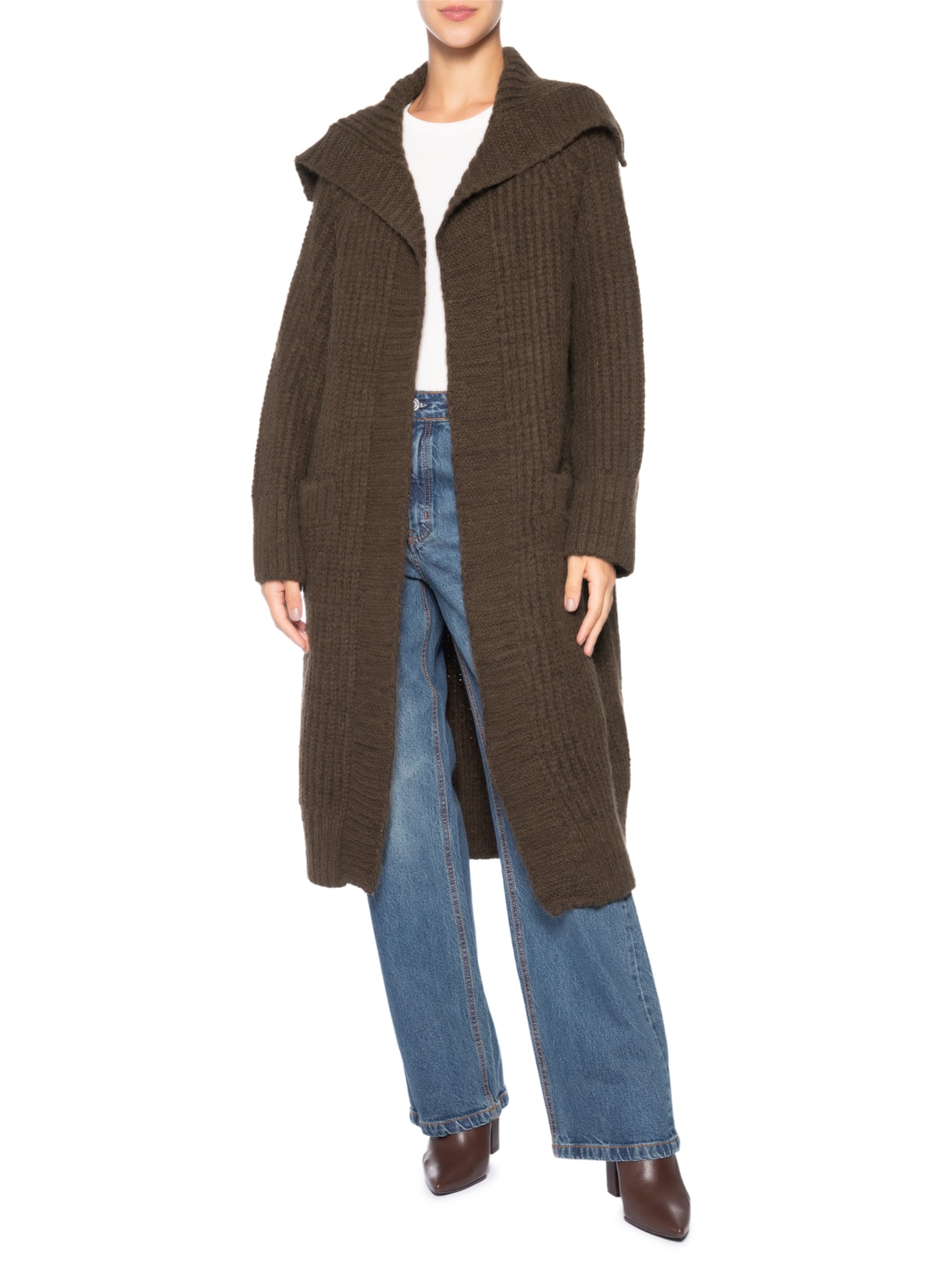 Casaco Feminino Comprido De Tricot Maxi Gola Marrom Animale