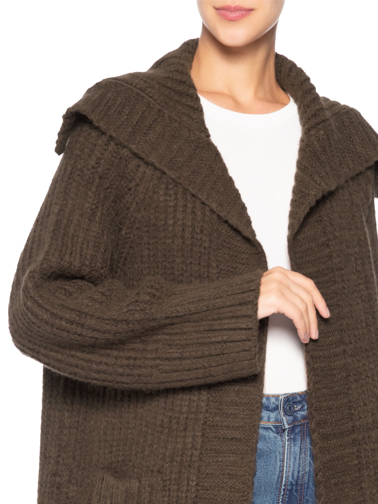 Casaco Feminino Comprido De Tricot Maxi Gola Marrom Animale