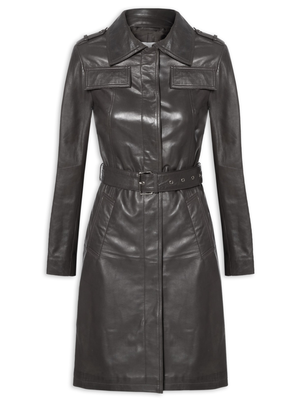 Casaco Feminino Couro Com Cinto - Cinza