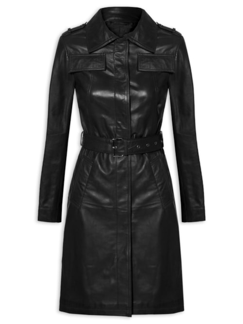 Casaco Feminino Couro Com Cinto - Preto