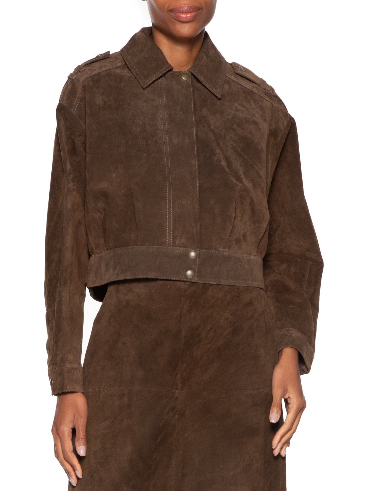 Casaco Feminino Couro Cropped Sharon Marrom Studio Kalline