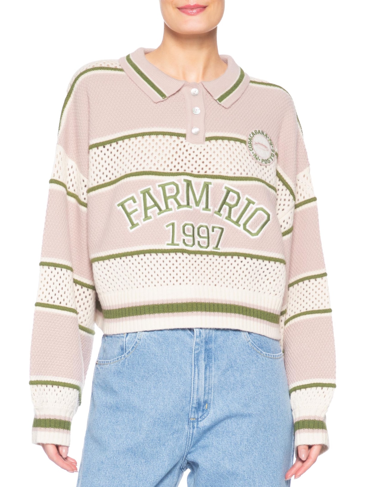 Casaco Feminino Cropped Tricot Listra Rosa Farm