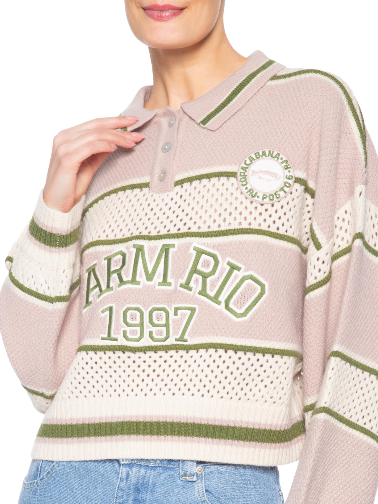 Casaco Feminino Cropped Tricot Listra Rosa Farm