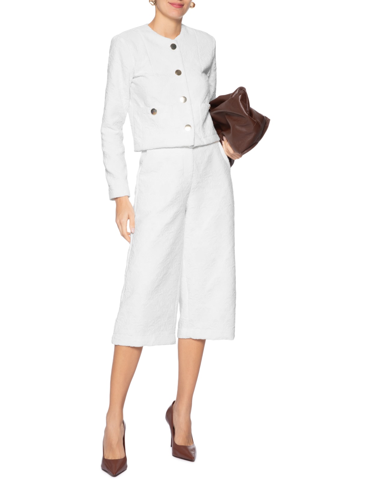 Casaco Feminino Curto Em Jacquard Branco '2Essential