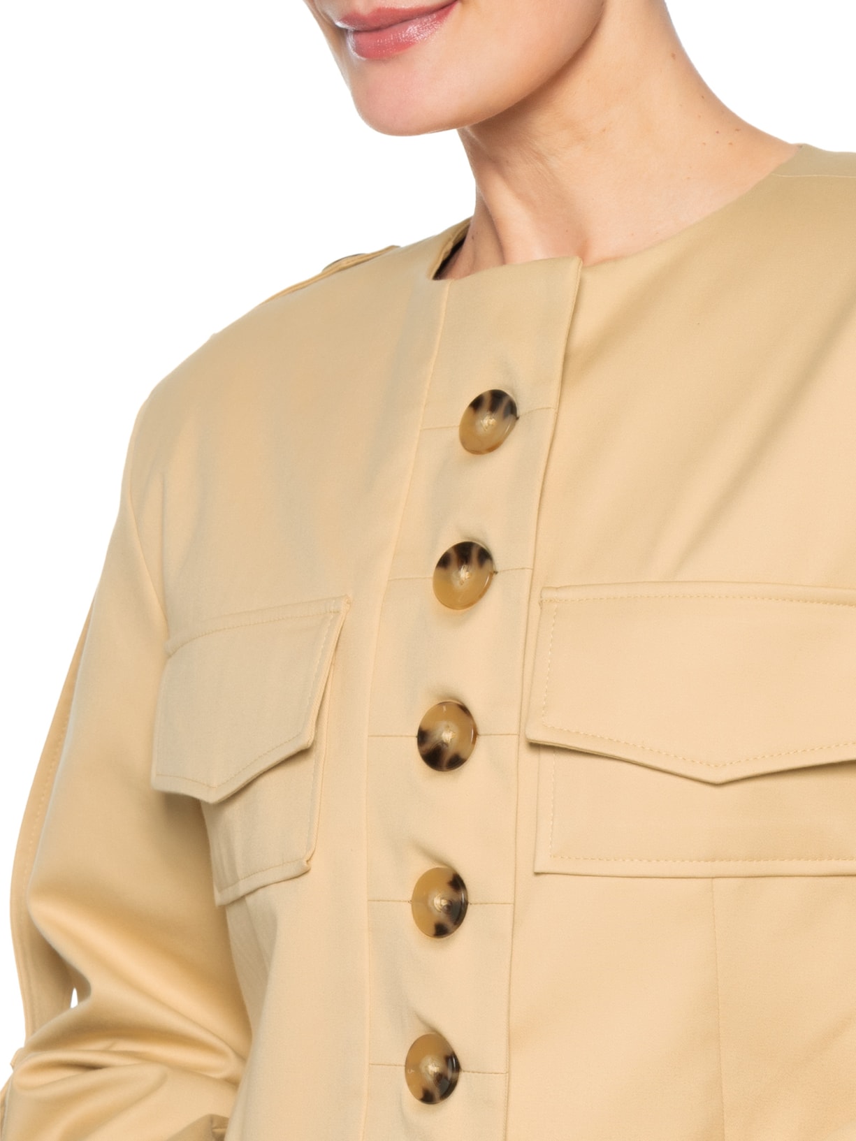 Casaco Feminino Curto Manga Longa Com Bolso Bege Bo