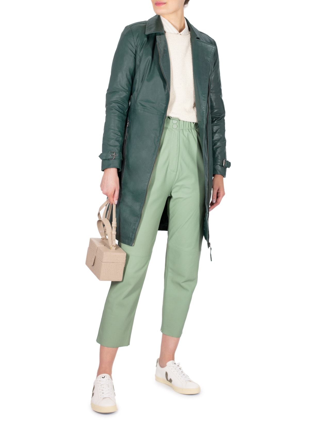 Casaco Feminino De Couro Com Cinto Verde '2Essential