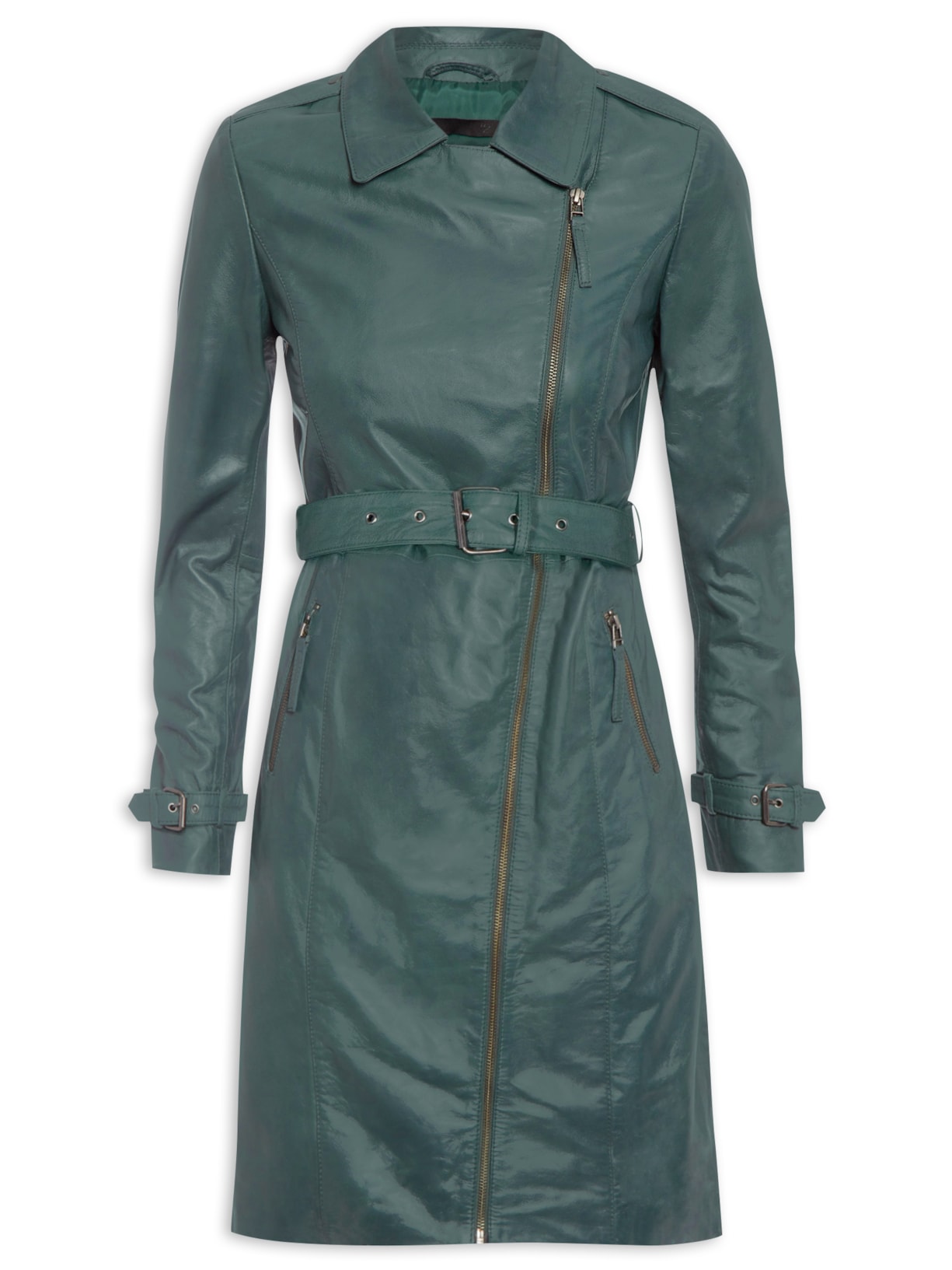 Casaco Feminino De Couro Com Cinto Verde '2Essential