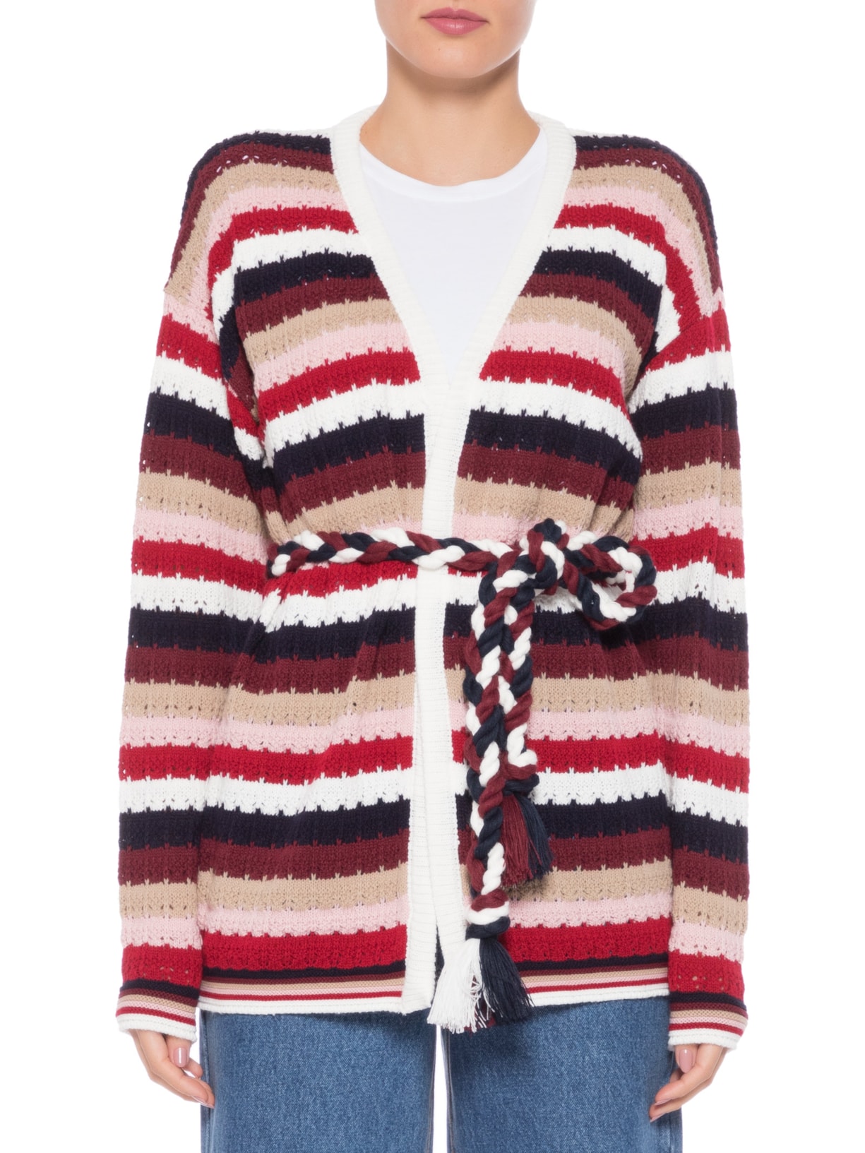 Casaco Feminino De Tricot Com Cinto Franjas Vermelho '2Essential