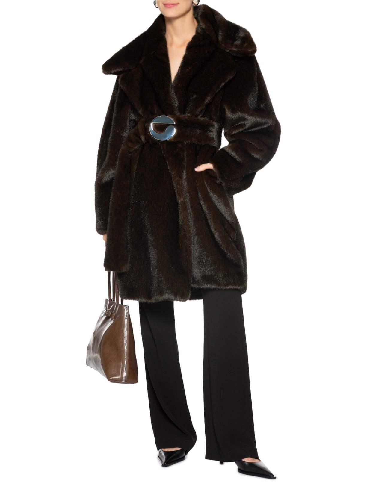 Casaco Feminino Faux Fur Belted Coat Marrom Coperni