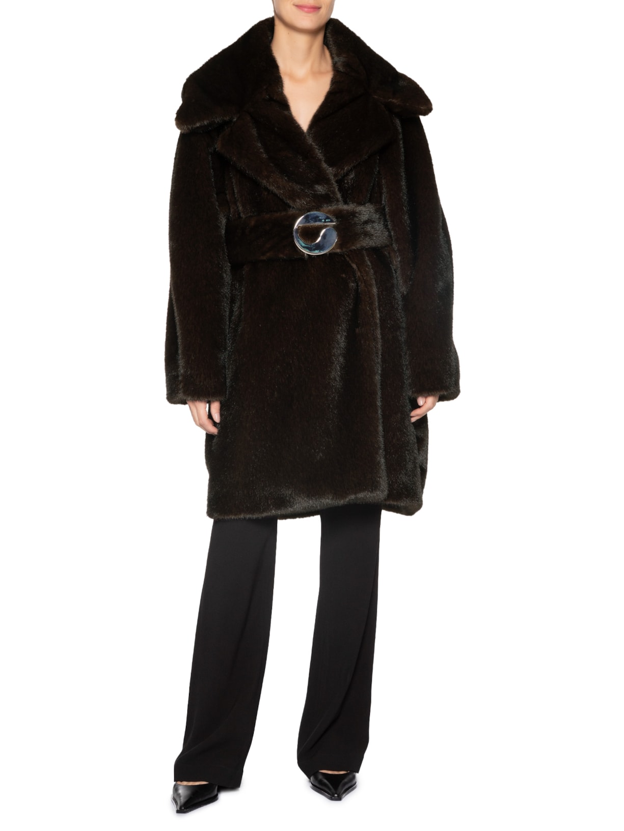Casaco Feminino Faux Fur Belted Coat Marrom Coperni
