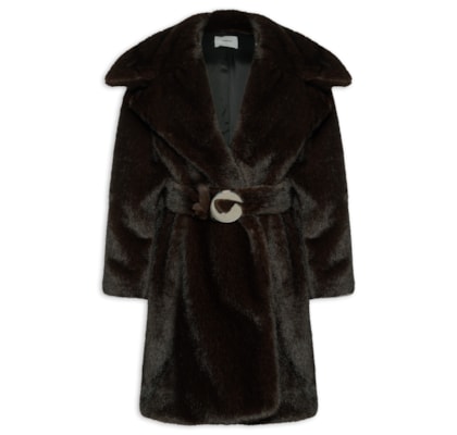 Casaco Feminino Faux Fur Belted Coat - Marrom