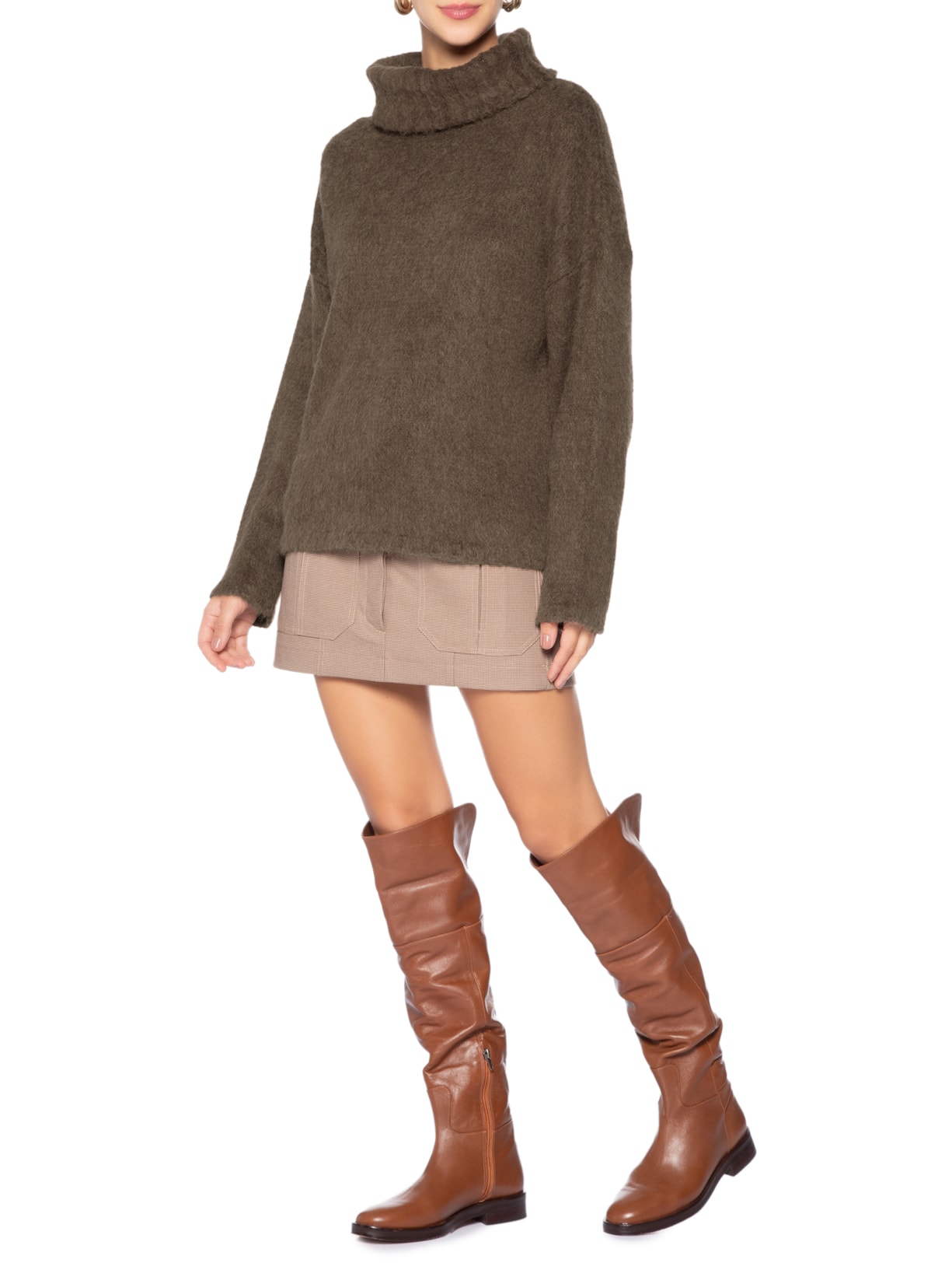 Casaco Feminino Gola Alta Dries De Tricot Marrom Animale