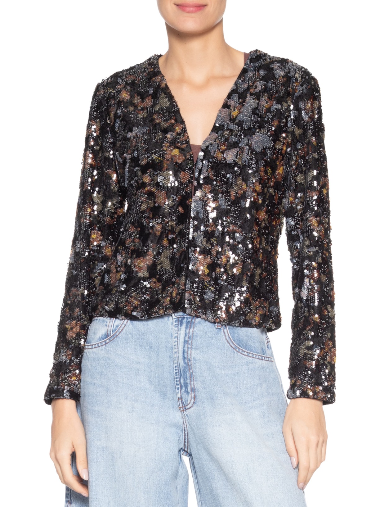 Casaco Feminino Paetê Estampa Blush Preto Maria Filó