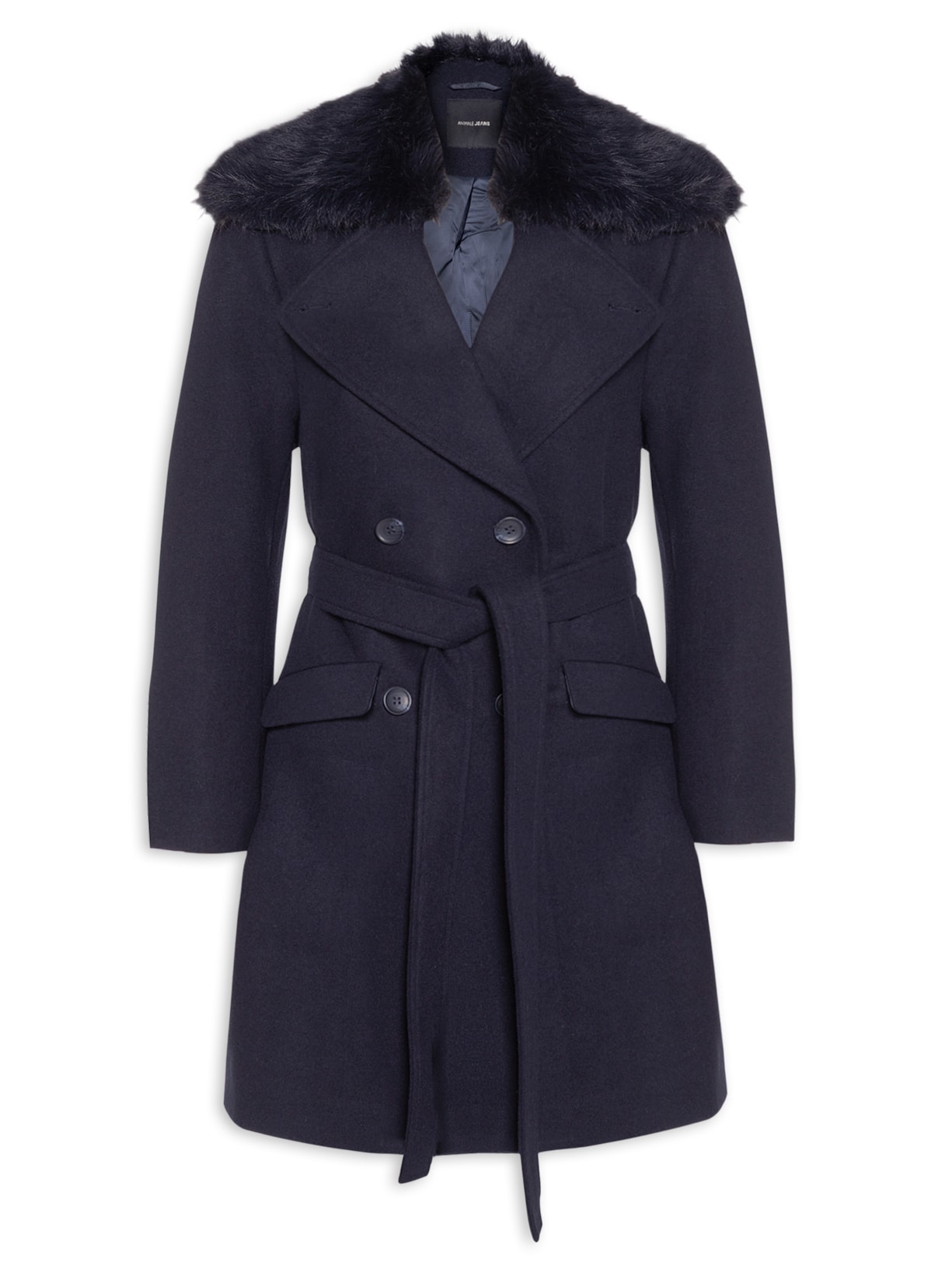 Casaco Feminino Sobretudo Gola Com Pelo Removível - Azul