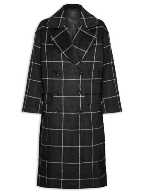 Casaco Feminino Sobretudo Oversized Xadrez - Preto