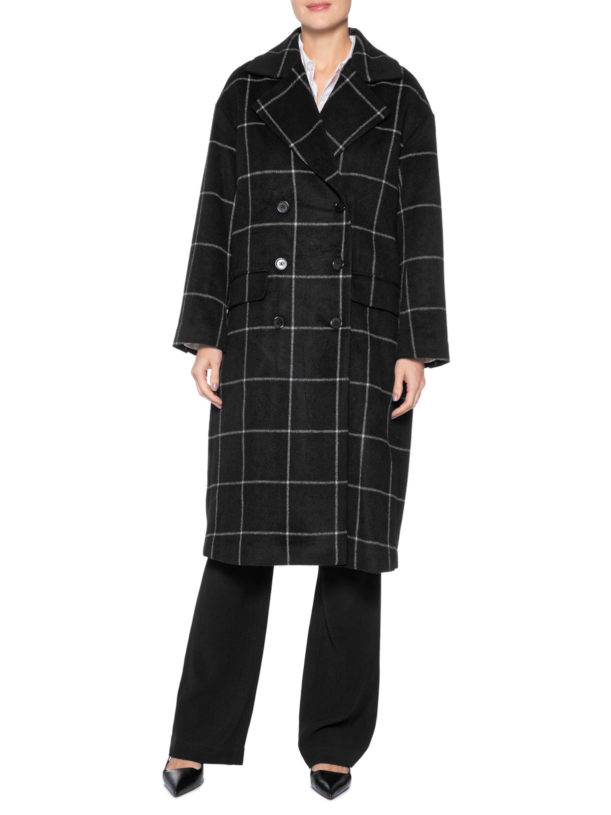 Casaco Feminino Sobretudo Oversized Xadrez Preto Animale