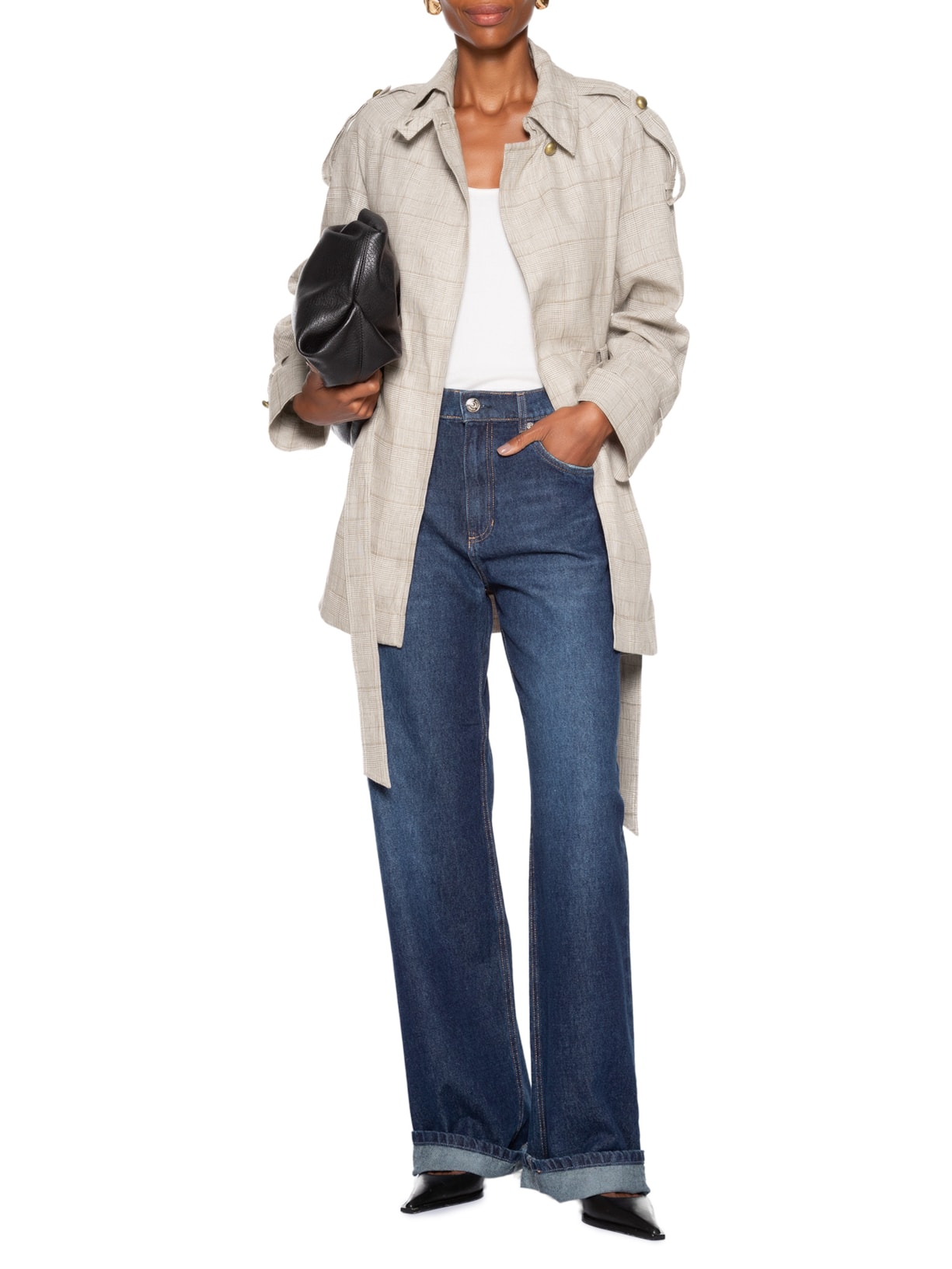 Casaco Feminino Trench Coat De Linho Xadrez Cinza Animale
