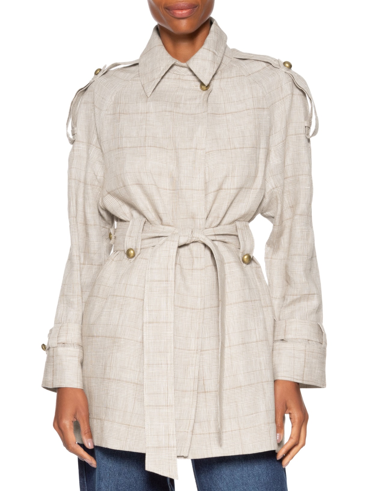 Casaco Feminino Trench Coat De Linho Xadrez Cinza Animale