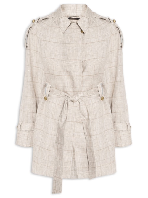 Casaco Feminino Trench Coat De Linho Xadrez - Cinza