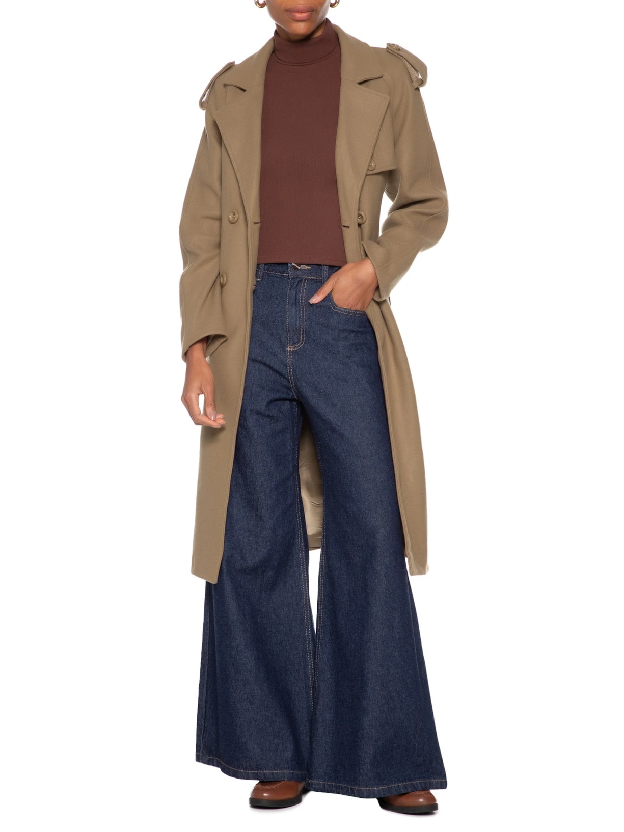 Casaco Feminino Trenchcoat Alongado Com Bolso Bege Basiq