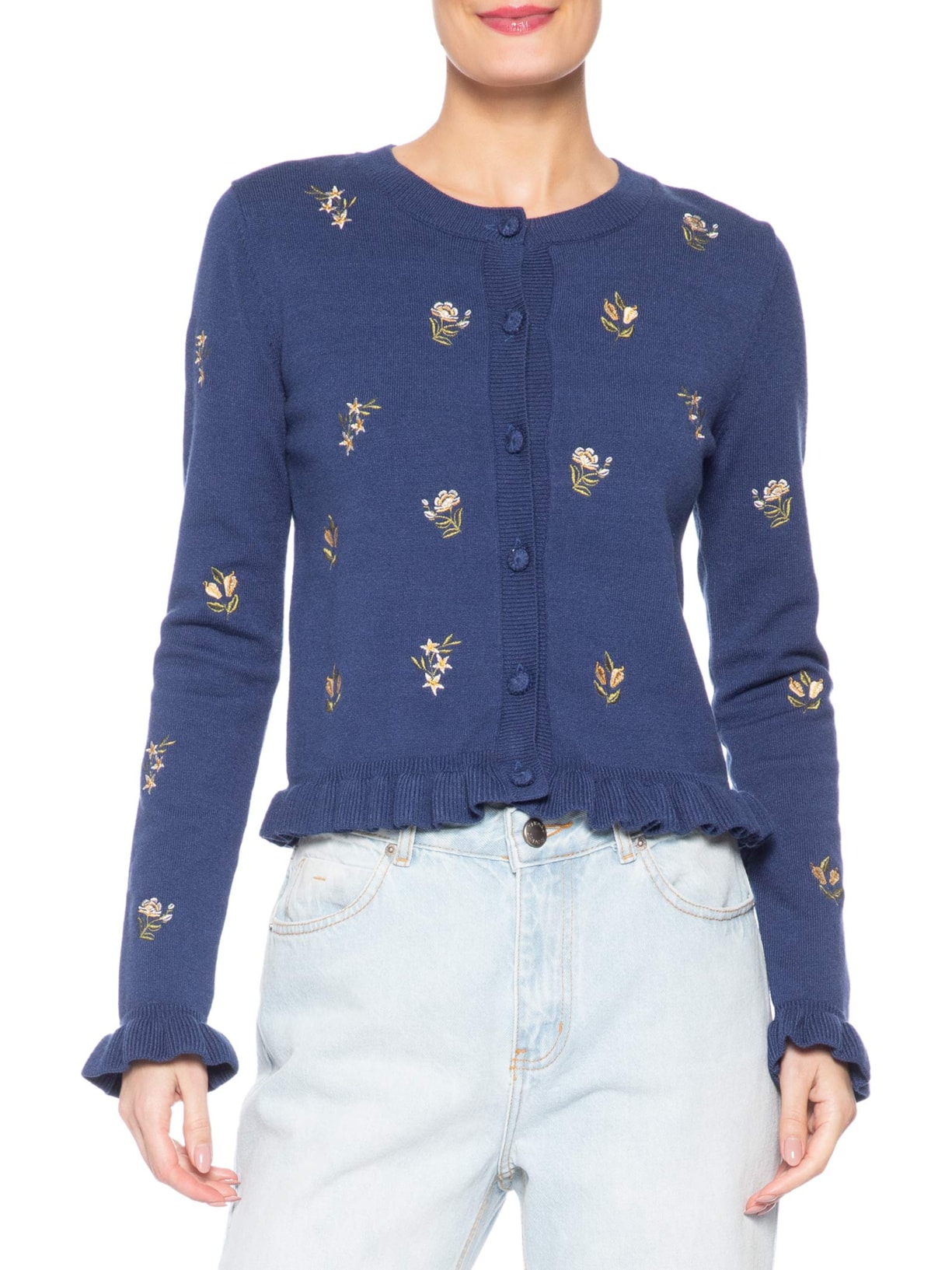 Casaco Feminino Tricot Jardim de Azaleias Azul Farm