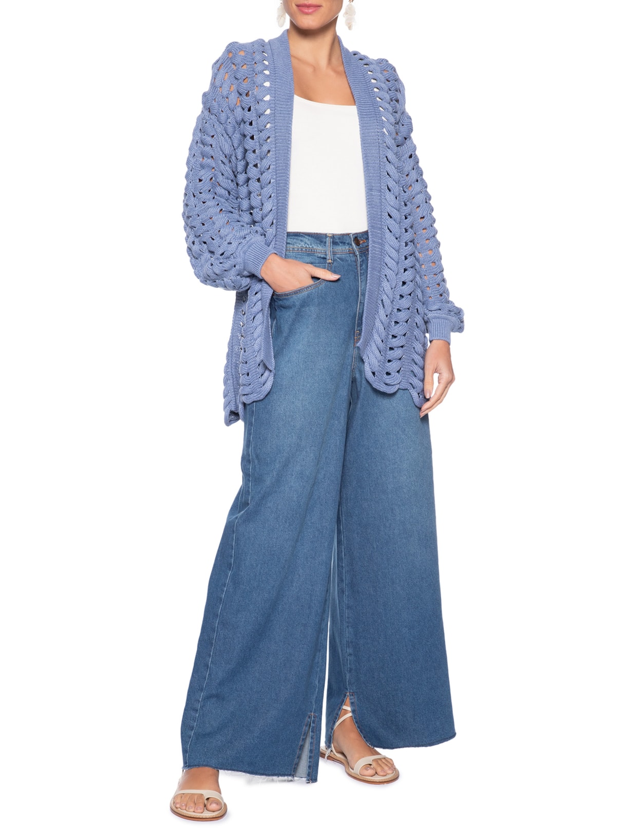Casaco Feminino Tricot Ponto Entrelaçado Azul Maria Filó