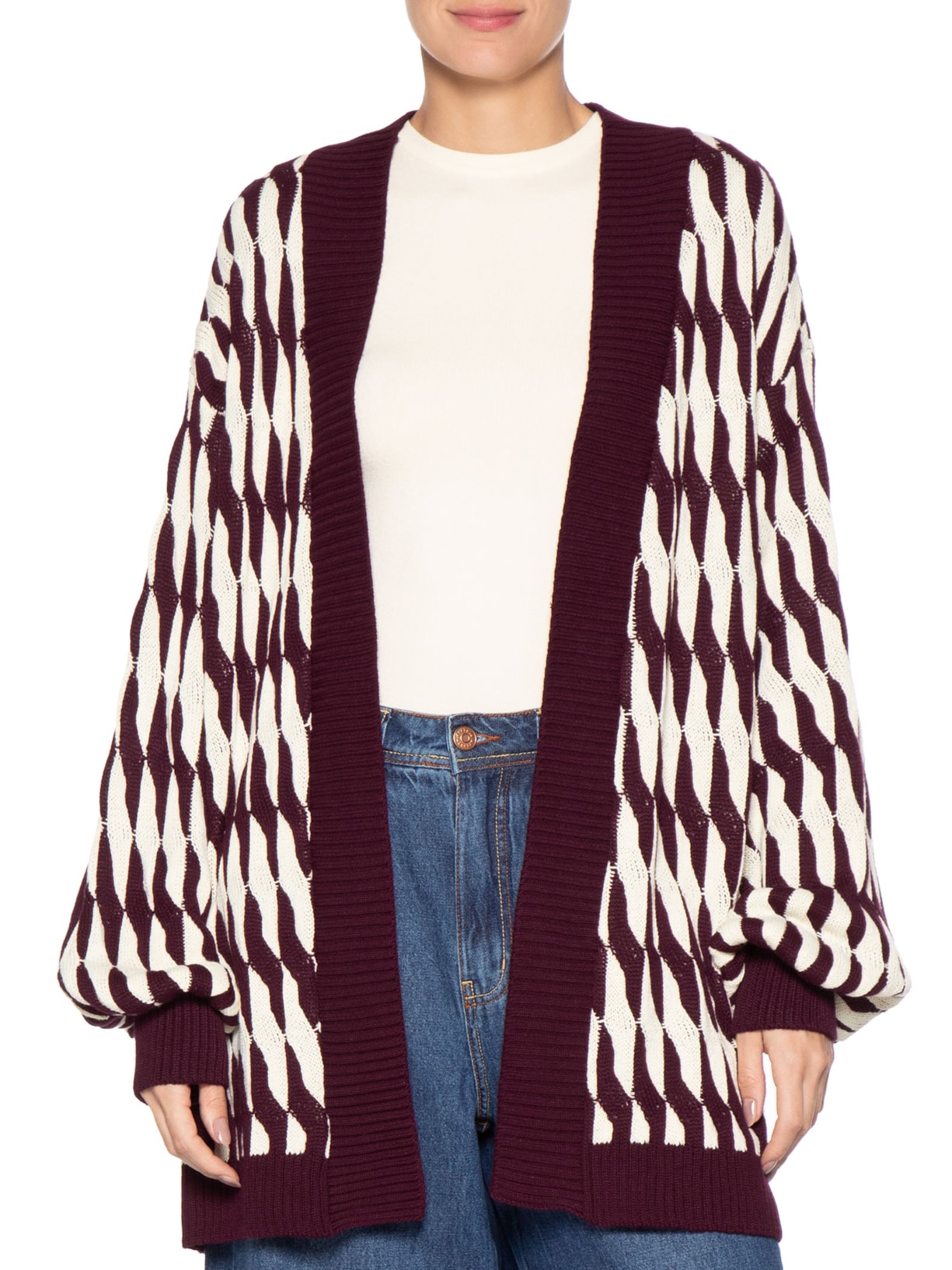 Casaco Feminino Tricot Ponto Relevo Bicolor Vermelho Dress To