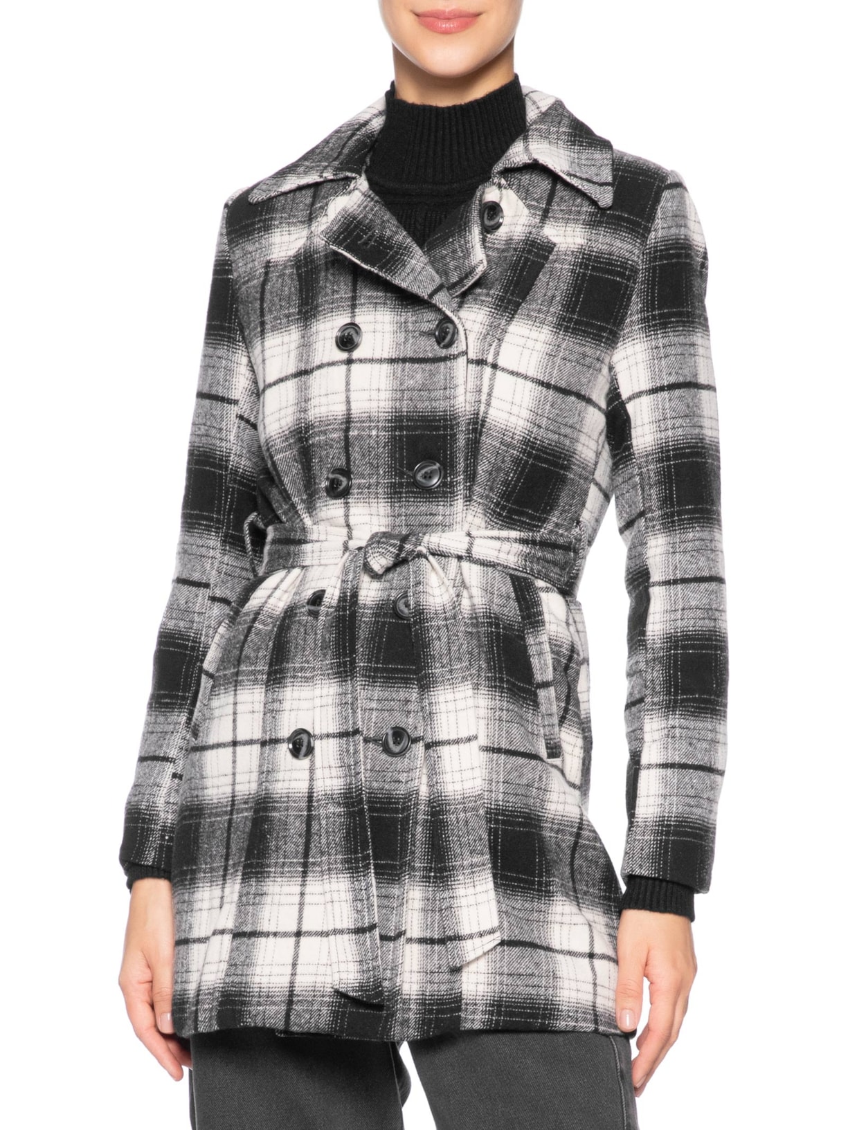 Casaco Feminino Xadrez Com Faixa Preto Basiq