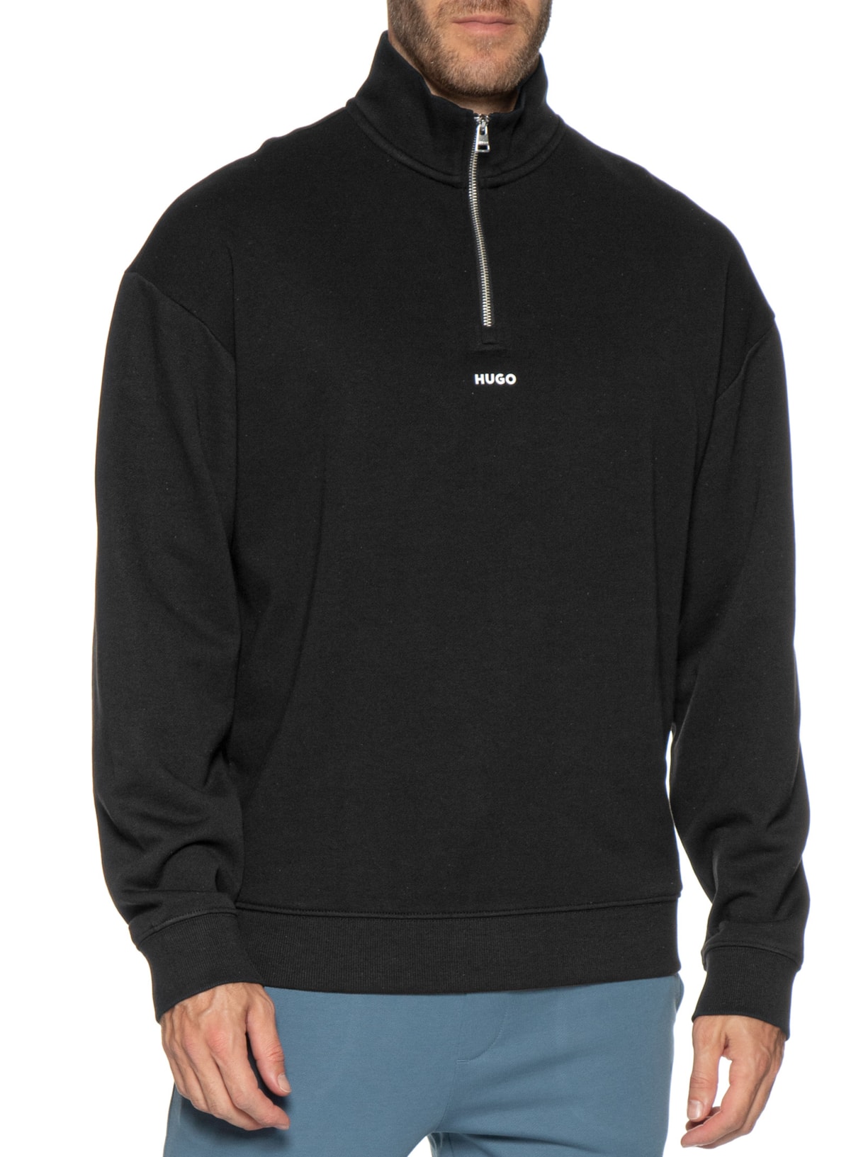 Casaco Masculino Relaxed Fit Zip-Neck Cotton Preto Hugo