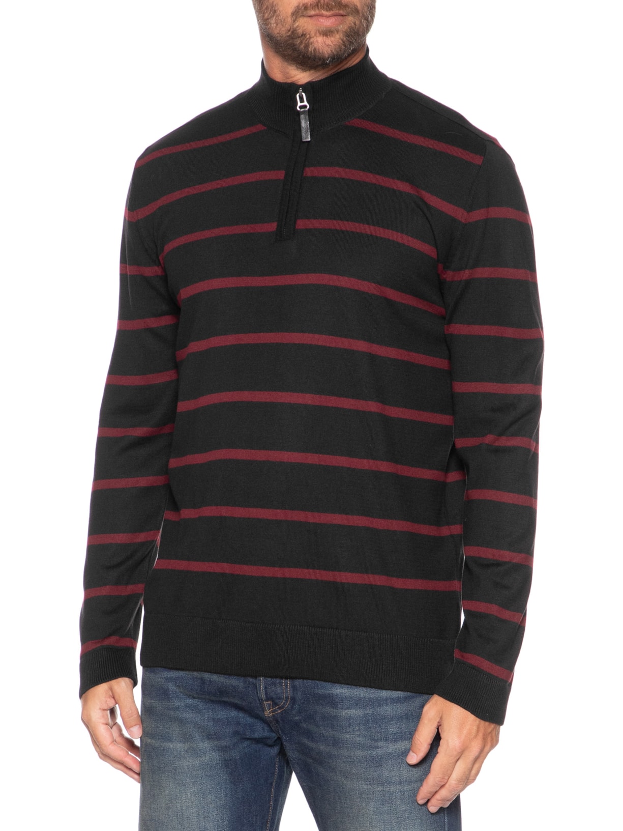 Casaco Masculino Tricot Meio Zíper Listra Cascais Preto Foxton