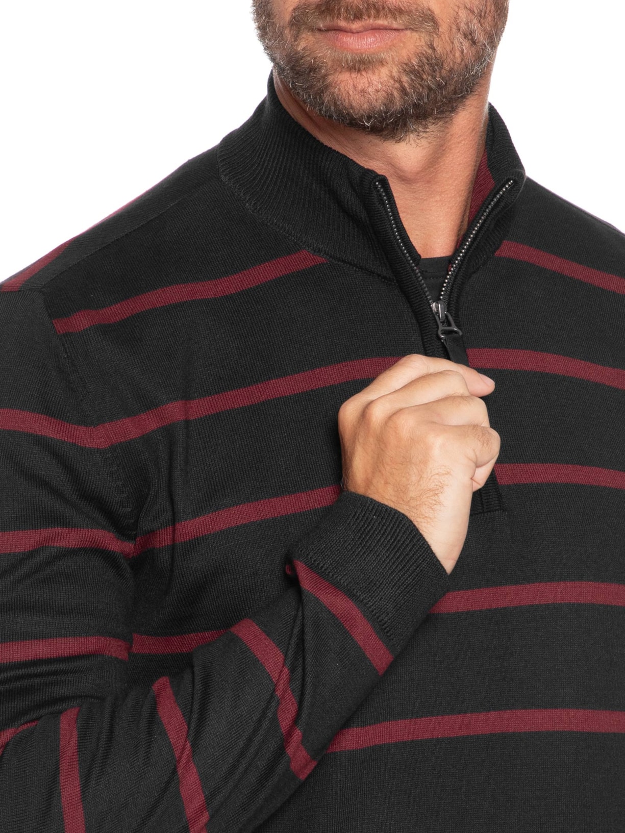 Casaco Masculino Tricot Meio Zíper Listra Cascais Preto Foxton