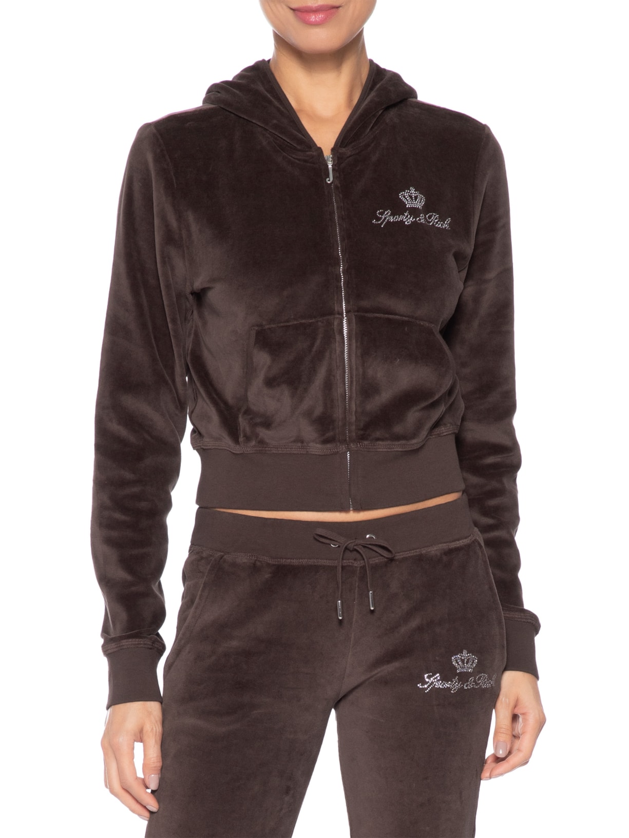 Casaco Moletom Feminino Juicy Script Velour Zip Marrom Sporty & Rich + Juicy Couture