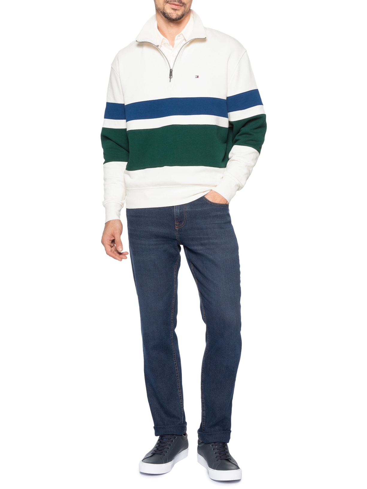 Casaco Moletom Masculino Gola Alta Meio Zíper Country Club Branco Tommy Hilfiger