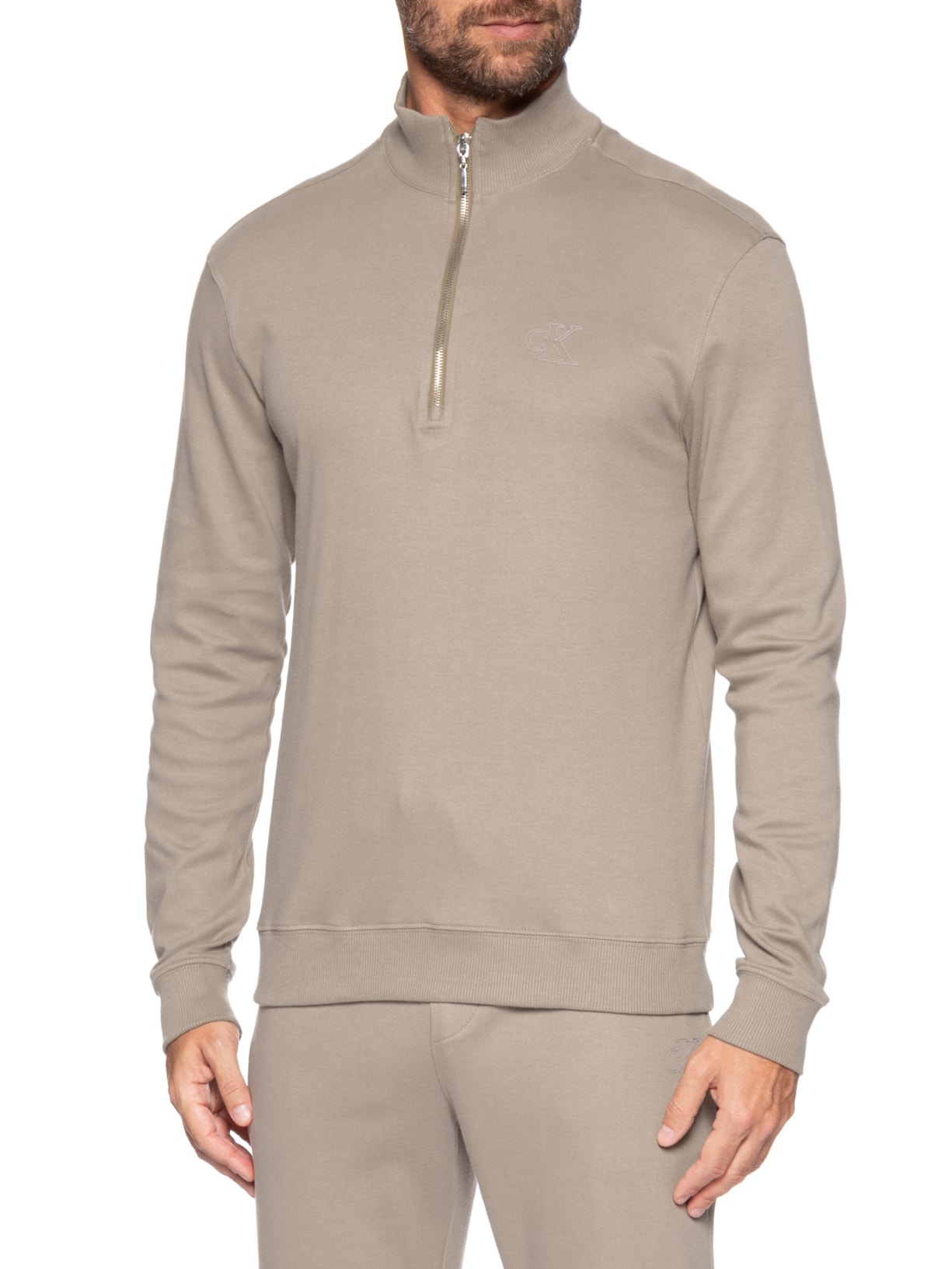 Casaco Moletom Masculino Meio Zíper Suedine Bege Calvin Klein Underwear