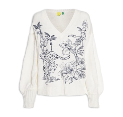 Casaco Pullover Feminino Tricot Bordado Delicadeza – Off White