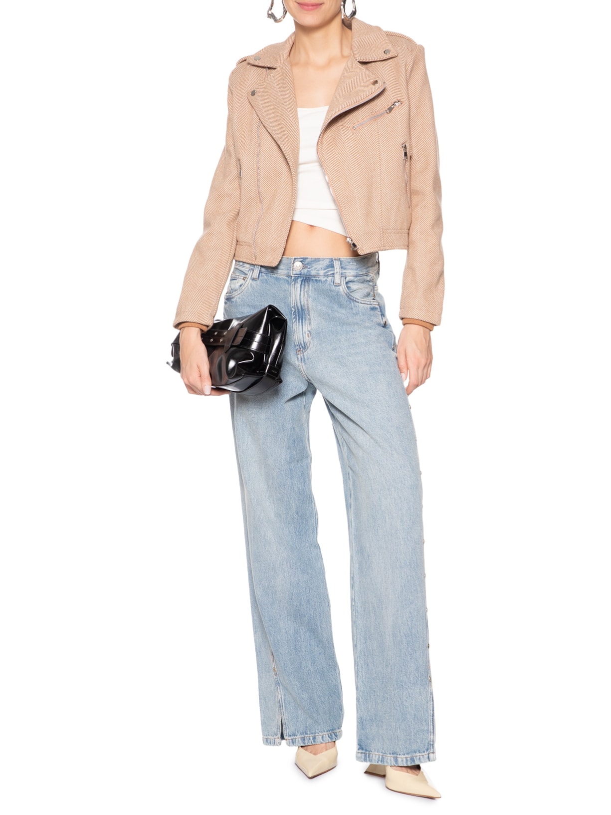 Casaqueto Feminino Com Zíper Diagonal Bege Market 33