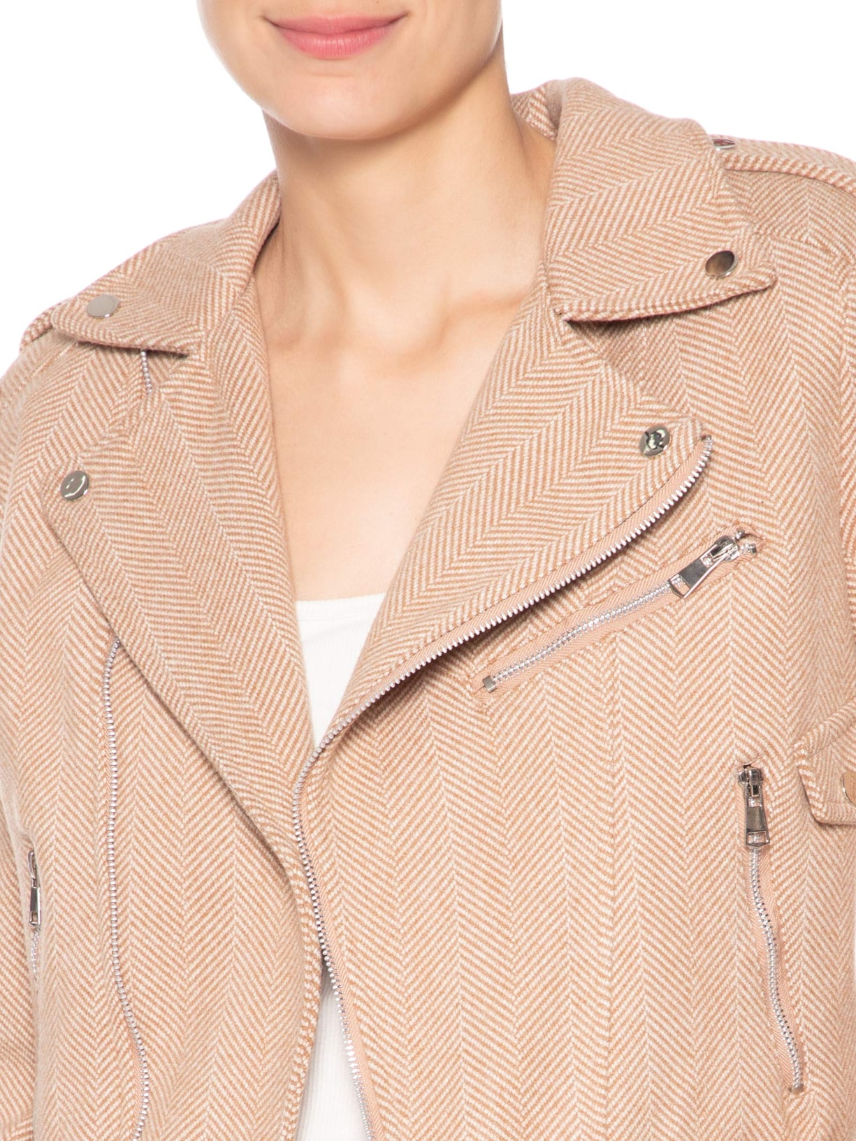 Casaqueto Feminino Com Zíper Diagonal Bege Market 33