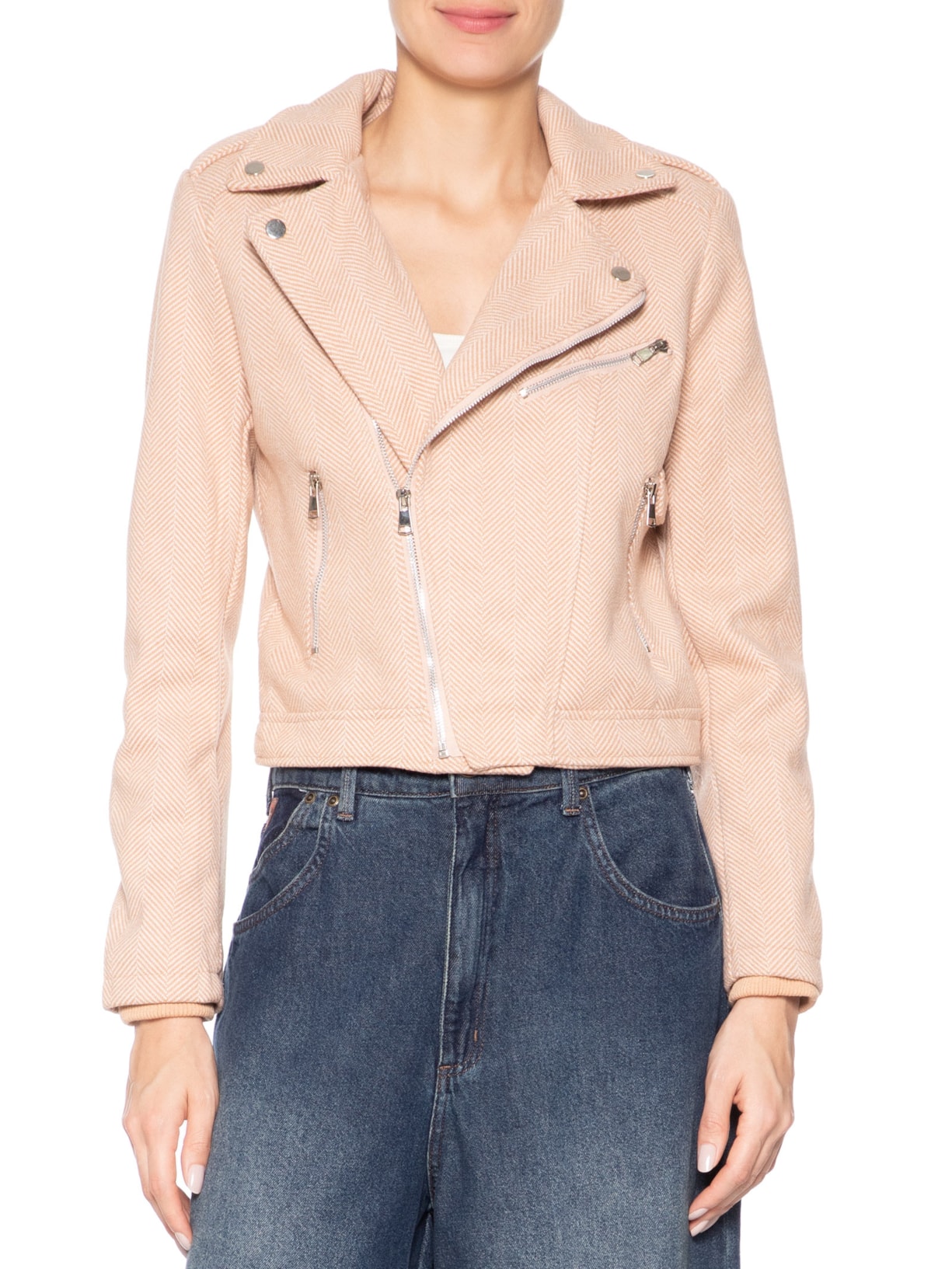 Casaqueto Feminino Com Zíper Diagonal Bege Market 33