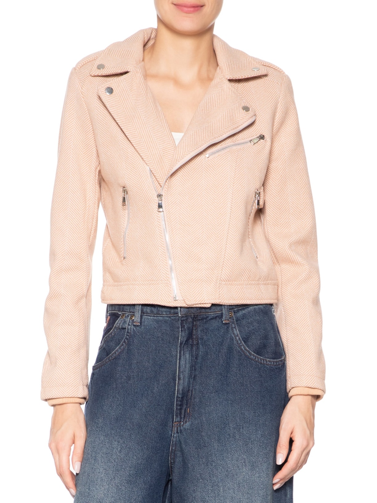 Casaqueto Feminino Com Zíper Diagonal Bege Market 33